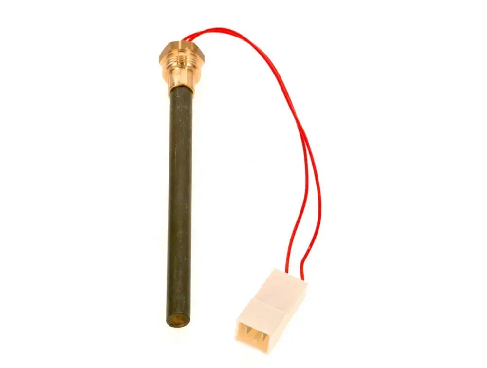 Zündelement von Bosch mit einem langen, metallischen Stab und zwei roten Drähten, die an einen weißen Stecker führen.
